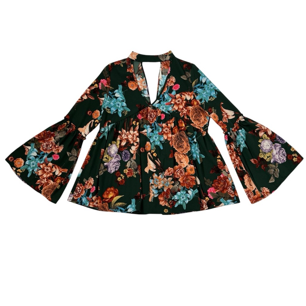 Altar’d State Dark Floral Blouse Flare Bell Sleeve Choker Collar Top SZ Medium